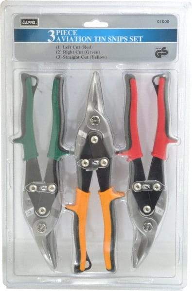 Value Collection - 3 Piece Aviation Snip Set - Left, Right, Straight, 10" OAL, 1-3/8" LOC - Makers Industrial Supply