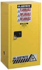 Justrite - 1 Door, 1 Shelf, Yellow Steel Space Saver Safety Cabinet for Flammable and Combustible Liquids - 44" High x 23-1/4" Wide x 18" Deep, Self Closing Door, 15 Gal Capacity - Makers Industrial Supply