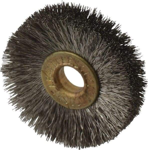 Osborn - 1-1/4" OD, 1/4" Arbor Hole, Crimped Stainless Steel Wheel Brush - 3/16" Face Width, 21/64" Trim Length, 0.005" Filament Diam, 20,000 RPM - Makers Industrial Supply