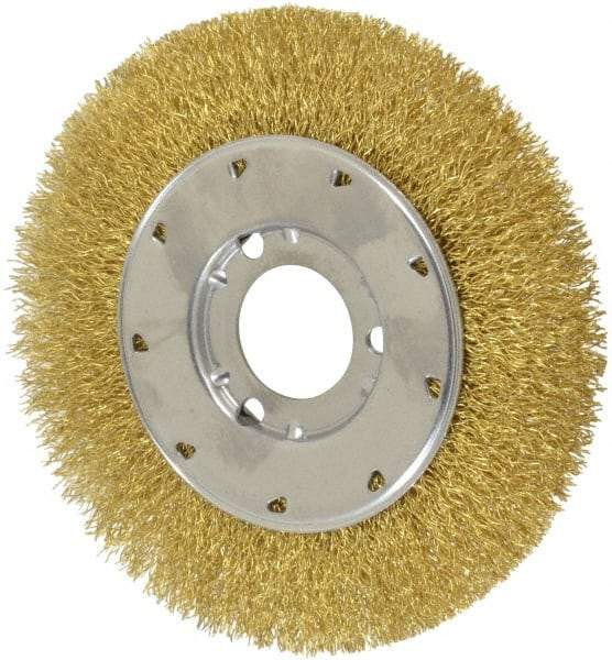 Osborn - 6" OD, 1-1/4" Arbor Hole, Crimped Brass Wheel Brush - 5/8" Face Width, 1-1/8" Trim Length, 0.014" Filament Diam, 6,000 RPM - Makers Industrial Supply