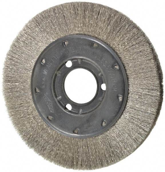 Osborn - 6" OD, 1-1/4" Arbor Hole, Crimped Stainless Steel Wheel Brush - 5/8" Face Width, 1-1/8" Trim Length, 0.005" Filament Diam, 6,000 RPM - Makers Industrial Supply