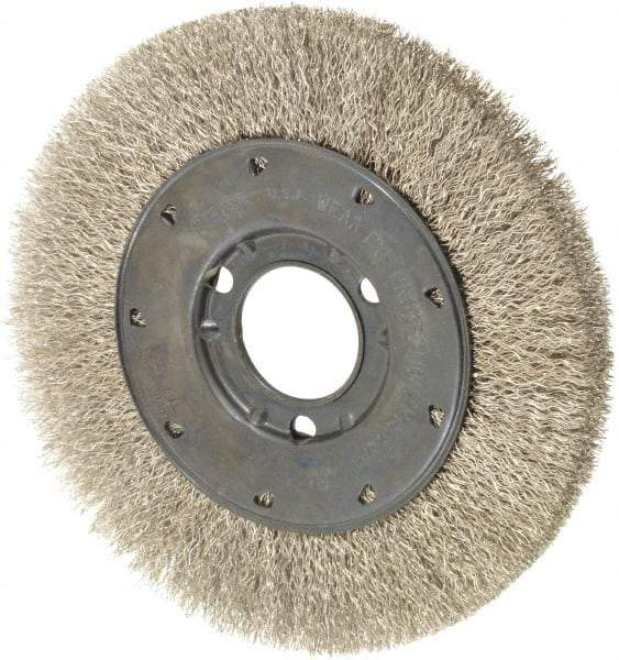 Osborn - 6" OD, 1-1/4" Arbor Hole, Crimped Stainless Steel Wheel Brush - 5/8" Face Width, 1-1/8" Trim Length, 0.0104" Filament Diam, 6,000 RPM - Makers Industrial Supply