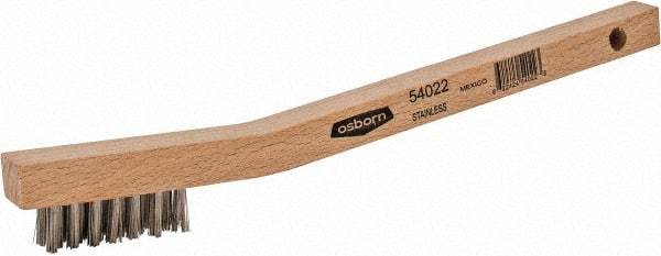 Osborn - 3 Rows x 7 Columns Stainless Steel Scratch Brush - 1-7/16" Brush Length, 7-3/4" OAL, 7/16" Trim Length, Wood Curved Handle - Makers Industrial Supply
