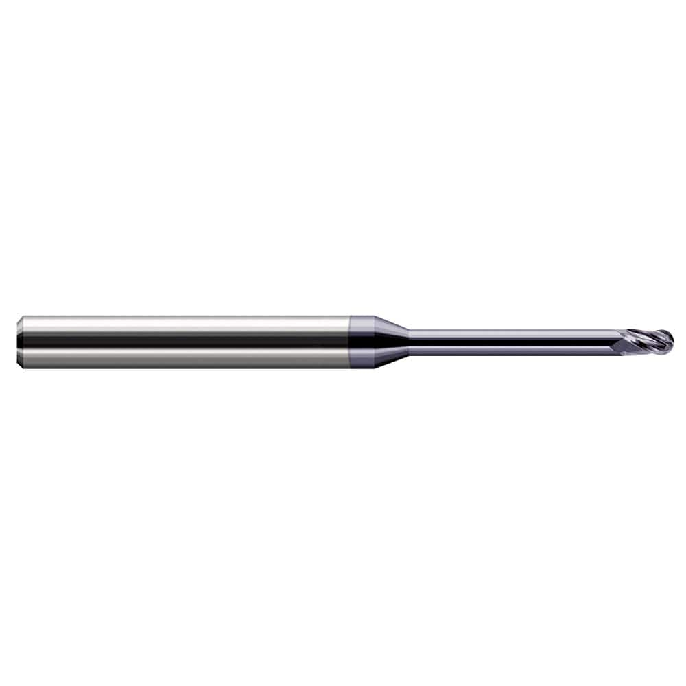 Ball End Mill: 0.062″ Dia, 0.093″ LOC, 3 Flute, Solid Carbide 2-1/2″ OAL, 1/8″ Shank Dia, 30 ° Helix, AlTiN Coated, Single End