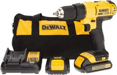 DeWALT - 20 Volt 1/2" Chuck Pistol Grip Handle Cordless Drill - 0-450 & 0-1500 RPM, Single-Sleeve Ratcheting Chuck, Reversible, 2 Lithium-Ion Batteries Included - Makers Industrial Supply