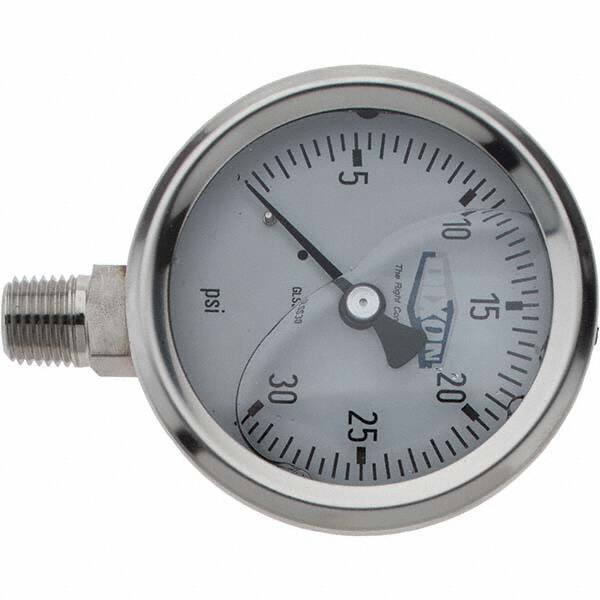 Value Collection - 2-1/2" Dial, 1/4 Thread, 0-30 Scale Range, Pressure Gauge - Lower Connection Mount, Accurate to 2-1-2% of Scale - Makers Industrial Supply