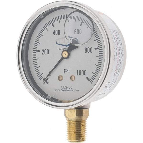 Value Collection - 2-1/2" Dial, 1/4 Thread, 0-1,000 Scale Range, Pressure Gauge - Lower Connection Mount, Accurate to 2-1-2% of Scale - Makers Industrial Supply