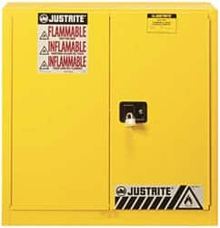 Justrite - 2 Door, 3 Shelf, Yellow Steel Standard Safety Cabinet for Flammable and Combustible Liquids - 44" High x 43" Wide x 18" Deep, Manual Closing Door, 3 Point Key Lock, 40 Gal Capacity - Makers Industrial Supply