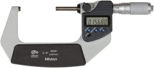 Mitutoyo - 2 to 3 Inch Range, 0 Inch Resolution, Standard Throat, IP65 Electronic Outside Micrometer - 0.0001 Inch Accuracy, Ratchet Friction Thimble, Rotating Spindle, SR44 Battery, Includes NIST Traceability Certification - Makers Industrial Supply