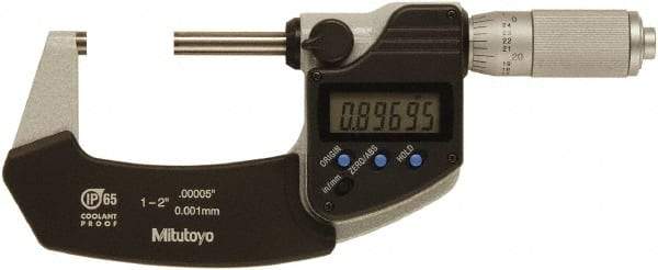 Mitutoyo - 1 to 2 Inch Range, 0 Inch Resolution, Standard Throat, IP65 Electronic Outside Micrometer - 0.0001 Inch Accuracy, Ratchet Friction Thimble, Rotating Spindle, SR44 Battery, Includes NIST Traceability Certification - Makers Industrial Supply