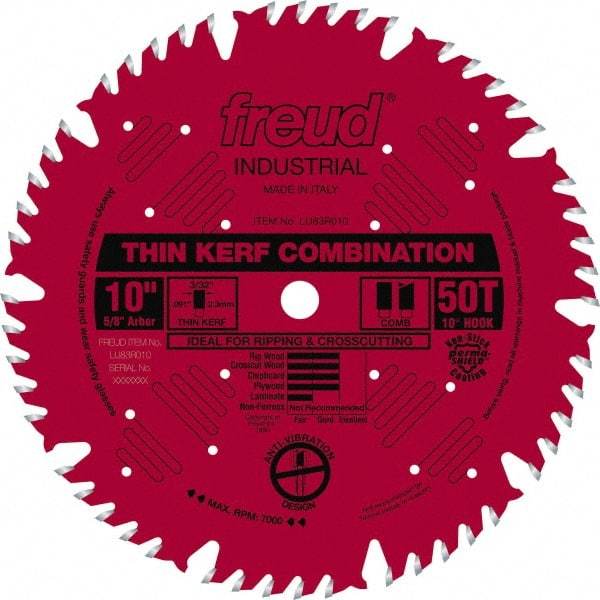 Freud - 10" Diam, 5/8" Arbor Hole Diam, 50 Tooth Wet & Dry Cut Saw Blade - Carbide-Tipped, Combination Action, Standard Round Arbor - Makers Industrial Supply