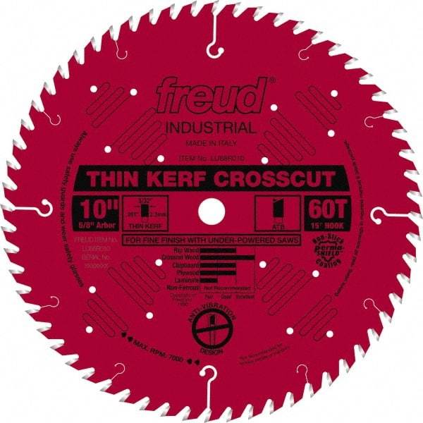 Freud - 10" Diam, 5/8" Arbor Hole Diam, 60 Tooth Wet & Dry Cut Saw Blade - Carbide-Tipped, Standard Round Arbor - Makers Industrial Supply