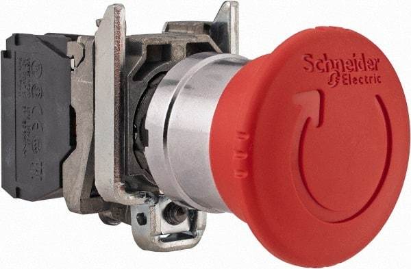 Schneider Electric - 22mm Mount Hole, Extended Mushroom Head, Pushbutton Switch Only - Round, Red Pushbutton, Nonilluminated, Trigger Action, Off, Shock and Vibration Resistant - Makers Industrial Supply