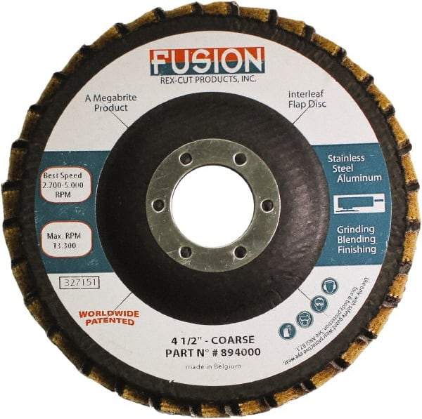 Rex Cut Product - 60 Grit, 4-1/2" Disc Diam, 7/8" Center Hole, Type 29 Aluminum Oxide Flap Disc - 13,300 Max RPM, Fiberglass Backing, Arbor Attaching System, Coated & Non-Woven Combo - Makers Industrial Supply