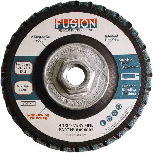 Rex Cut Product - 120 Grit, 4-1/2" Disc Diam, 5/8-11 Center Hole, Type 29 Aluminum Oxide Flap Disc - 13,300 Max RPM, Fiberglass Backing, Arbor Attaching System, Coated & Non-Woven Combo - Makers Industrial Supply