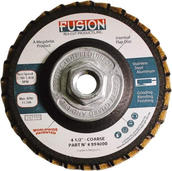 Rex Cut Product - 60 Grit, 4-1/2" Disc Diam, 5/8-11 Center Hole, Type 29 Aluminum Oxide Flap Disc - 13,300 Max RPM, Fiberglass Backing, Arbor Attaching System, Coated & Non-Woven Combo - Makers Industrial Supply