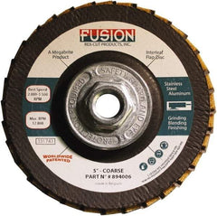 Rex Cut Product - 60 Grit, 5" Disc Diam, 5/8-11 Center Hole, Type 29 Aluminum Oxide Flap Disc - 12,200 Max RPM, Fiberglass Backing, Arbor Attaching System, Coated & Non-Woven Combo - Makers Industrial Supply