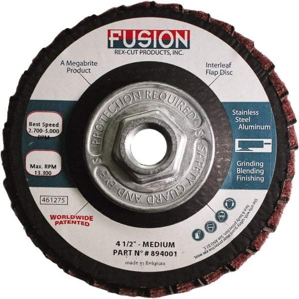 Rex Cut Product - 80 Grit, 4-1/2" Disc Diam, 5/8-11 Center Hole, Type 29 Aluminum Oxide Flap Disc - 13,300 Max RPM, Fiberglass Backing, Arbor Attaching System, Coated & Non-Woven Combo - Makers Industrial Supply