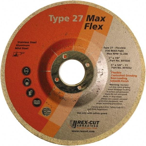 Rex Cut Product - 36 Grit, 5" Wheel Diam, 5/32" Wheel Thickness, 7/8" Arbor Hole, Type 27 Depressed Center Wheel - Aluminum Oxide, 12,200 Max RPM - Makers Industrial Supply