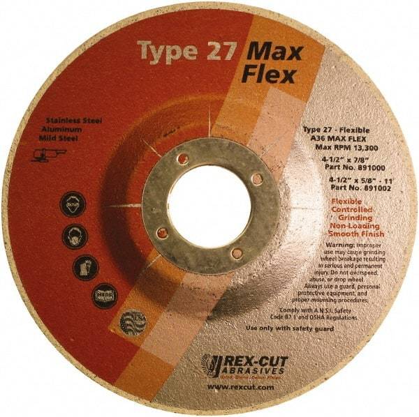 Rex Cut Product - 36 Grit, 4-1/2" Wheel Diam, 3/16" Wheel Thickness, 7/8" Arbor Hole, Type 27 Depressed Center Wheel - Aluminum Oxide, 13,300 Max RPM - Makers Industrial Supply