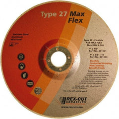 Rex Cut Product - 54 Grit, 7" Wheel Diam, 5/32" Wheel Thickness, 7/8" Arbor Hole, Type 27 Depressed Center Wheel - Aluminum Oxide, 8,500 Max RPM - Makers Industrial Supply