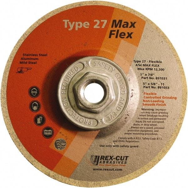 Rex Cut Product - 54 Grit, 5" Wheel Diam, 5/32" Wheel Thickness, Type 27 Depressed Center Wheel - Aluminum Oxide, 12,200 Max RPM - Makers Industrial Supply