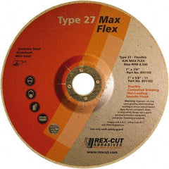 Rex Cut Product - 36 Grit, 7" Wheel Diam, 5/32" Wheel Thickness, 7/8" Arbor Hole, Type 27 Depressed Center Wheel - Aluminum Oxide, 8,500 Max RPM - Makers Industrial Supply