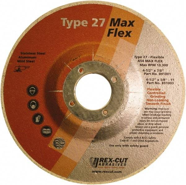 Rex Cut Product - 54 Grit, 4-1/2" Wheel Diam, 5/32" Wheel Thickness, 7/8" Arbor Hole, Type 27 Depressed Center Wheel - Aluminum Oxide, 13,300 Max RPM - Makers Industrial Supply