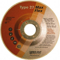 Rex Cut Product - 54 Grit, 4-1/2" Wheel Diam, 5/32" Wheel Thickness, 7/8" Arbor Hole, Type 27 Depressed Center Wheel - Aluminum Oxide, 13,300 Max RPM - Makers Industrial Supply