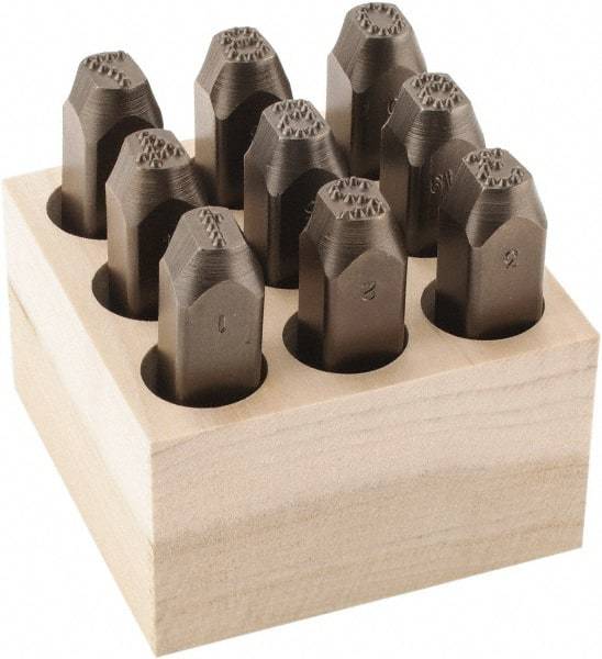 C.H. Hanson - 9 Piece, 3/8" Character Steel Stamp Set - Figures, Low Stress Round Face Dot - Makers Industrial Supply