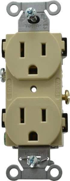 Hubbell Wiring Device-Kellems - 125 VAC, 15 Amp, 5-15R NEMA Configuration, Ivory, Specification Grade, Self Grounding Duplex Receptacle - 1 Phase, 2 Poles, 3 Wire, Flush Mount - Makers Industrial Supply