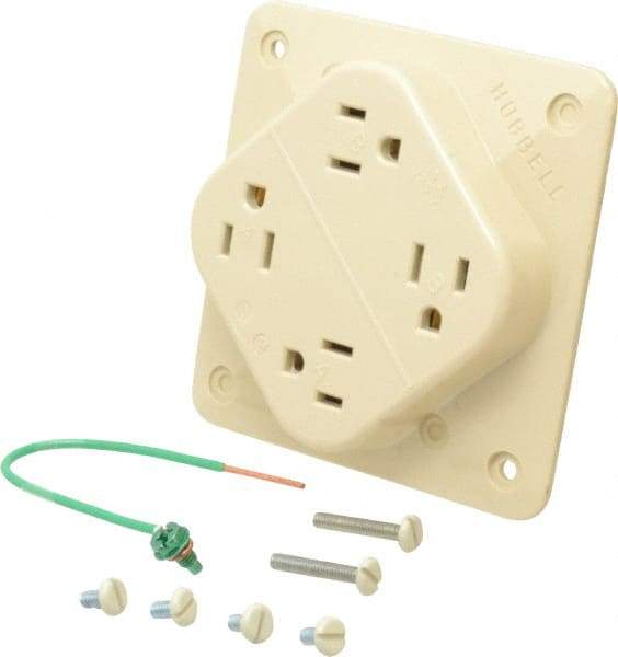 Hubbell Wiring Device-Kellems - 125 VAC, 15 Amp, 5-15R NEMA Configuration, Ivory, Specification Grade, Self Grounding Fourplex Receptacle - 1 Phase, 2 Poles, 3 Wire, Flush Mount, Impact Resistant - Makers Industrial Supply