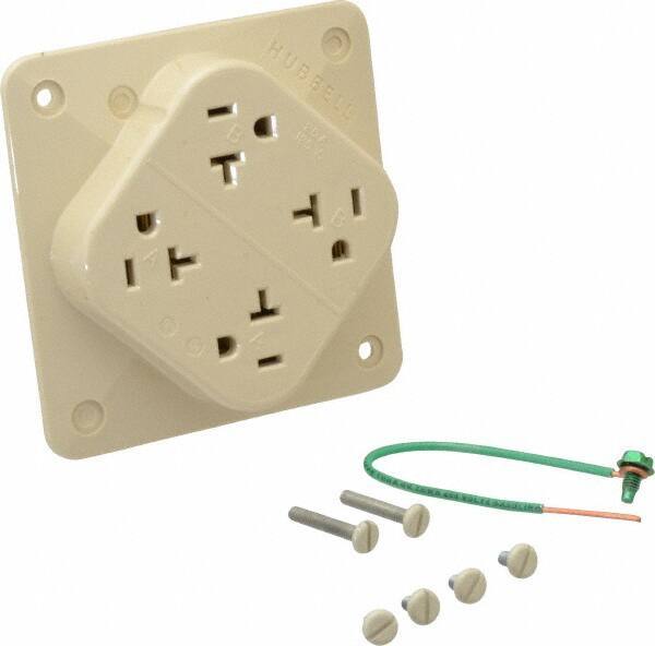 Hubbell Wiring Device-Kellems - 125 VAC, 20 Amp, 5-20R NEMA Configuration, Ivory, Specification Grade, Self Grounding Fourplex Receptacle - 1 Phase, 2 Poles, 3 Wire, Flush Mount, Impact Resistant - Makers Industrial Supply