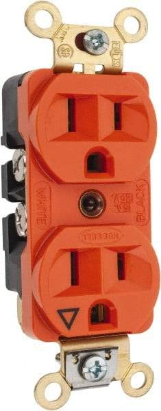 Hubbell Wiring Device-Kellems - 125 VAC, 15 Amp, 5-15R NEMA Configuration, Orange, Specification Grade, Isolated Ground Duplex Receptacle - 1 Phase, 2 Poles, 3 Wire, Flush Mount, Corrosion, Heat and Impact Resistant - Makers Industrial Supply