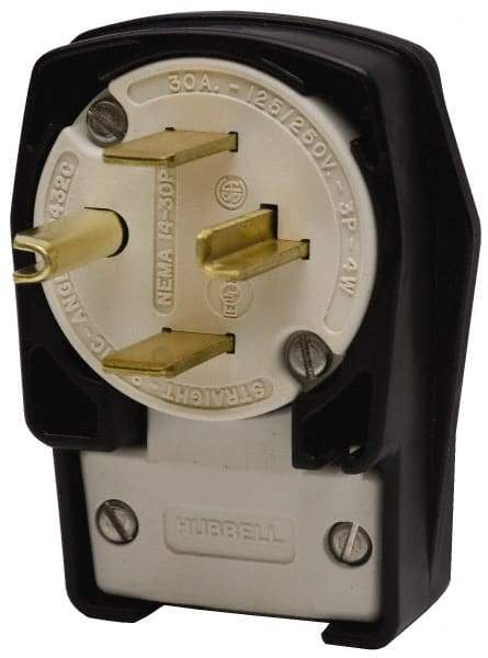 Hubbell Wiring Device-Kellems - 250 VAC, 30 Amp, 15-30P NEMA, Angled, Self Grounding, Commercial, Industrial Grade Plug - 3 Pole, 4 Wire, 3 Phase, 3 hp, Nylon, Black, White - Makers Industrial Supply