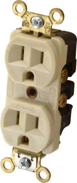 Hubbell Wiring Device-Kellems - 125 VAC, 15 Amp, 5-15R NEMA Configuration, Ivory, Industrial Grade, Self Grounding Duplex Receptacle - 1 Phase, 2 Poles, 3 Wire, Flush Mount, Corrosion, Heat and Impact Resistant - Makers Industrial Supply