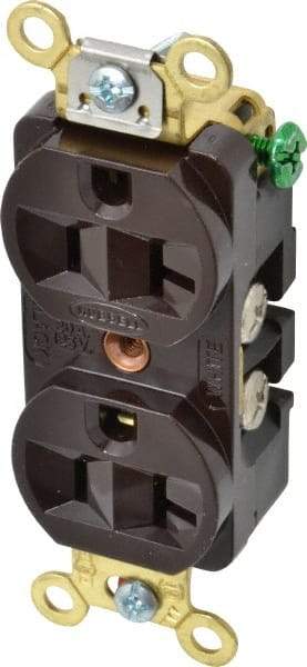 Hubbell Wiring Device-Kellems - 125 VAC, 20 Amp, 5-20R NEMA Configuration, Brown, Industrial Grade, Self Grounding Duplex Receptacle - 1 Phase, 2 Poles, 3 Wire, Flush Mount, Corrosion, Heat and Impact Resistant - Makers Industrial Supply