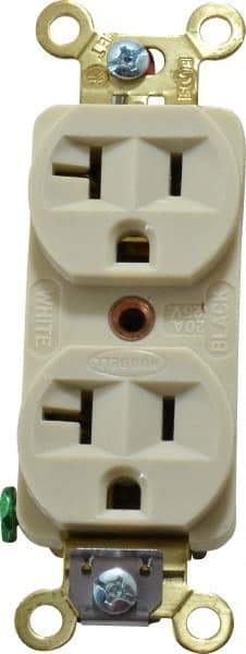 Hubbell Wiring Device-Kellems - 125 VAC, 20 Amp, 5-20R NEMA Configuration, Ivory, Industrial Grade, Self Grounding Duplex Receptacle - 1 Phase, 2 Poles, 3 Wire, Flush Mount, Corrosion, Heat and Impact Resistant - Makers Industrial Supply