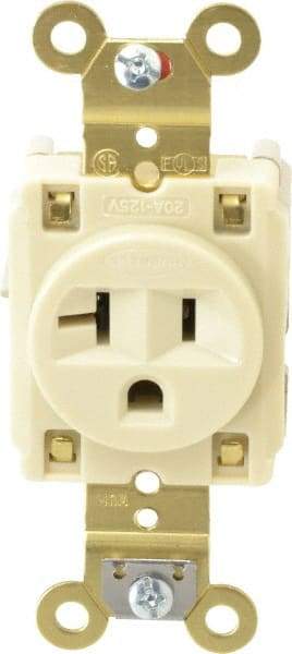 Hubbell Wiring Device-Kellems - 125 VAC, 20 Amp, 5-20R NEMA Configuration, Ivory, Specification Grade, Self Grounding Single Receptacle - 1 Phase, 2 Poles, 3 Wire, Flush Mount, Corrosion, Heat and Impact Resistant - Makers Industrial Supply