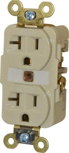 Hubbell Wiring Device-Kellems - 125 VAC, 20 Amp, 5-20R NEMA Configuration, Ivory, Specification Grade, Self Grounding Duplex Receptacle - 1 Phase, 2 Poles, 3 Wire, Flush Mount, Corrosion, Heat and Impact Resistant - Makers Industrial Supply