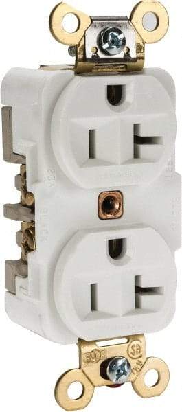 Hubbell Wiring Device-Kellems - 125 VAC, 20 Amp, 5-20R NEMA Configuration, White, Specification Grade, Self Grounding Duplex Receptacle - 1 Phase, 2 Poles, 3 Wire, Flush Mount, Corrosion, Heat and Impact Resistant - Makers Industrial Supply