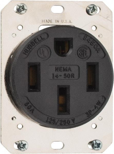 Hubbell Wiring Device-Kellems - 125/250 VAC, 50 Amp, 14-50R NEMA Configuration, Black, Industrial Grade, Self Grounding Single Receptacle - 1 Phase, 3 Poles, 4 Wire, Flush Mount - Makers Industrial Supply