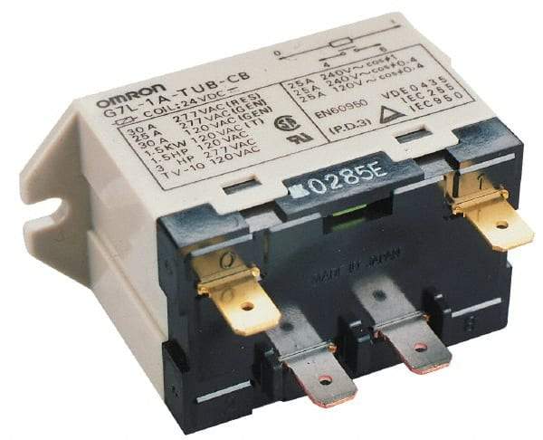 Omron - 1.7 to 2.5 VA Power Rating, Standard Electromechanical Quick Connect General Purpose Relay - 25 Amp at 220 VAC, DPST, 240 VAC, 68.5mm Wide x 47mm High x 33.5mm Deep - Makers Industrial Supply