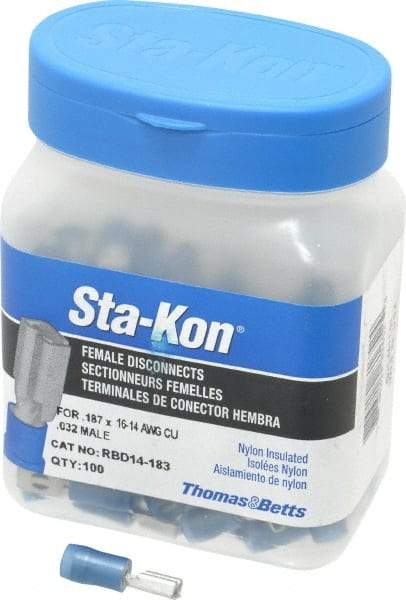 Thomas & Betts - 16 to 14 AWG, Nylon, Fully Insulated, Female Wire Disconnect - 3/16 Inch Wide Tab, Blue, CSA Certified, RoHS Compliant, UL 94 V-2, UL File E66716, UL Listed - Makers Industrial Supply