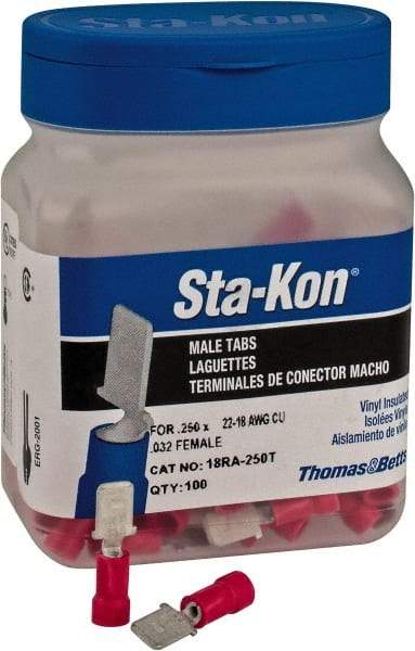 Thomas & Betts - 22 to 18 AWG, Vinyl, Fully Insulated, Male Wire Disconnect - 1/4 Inch Wide Tab, Red, CSA Certified, RoHS Compliant, UL 94 V-0, UL File E66716, UL Listed - Makers Industrial Supply