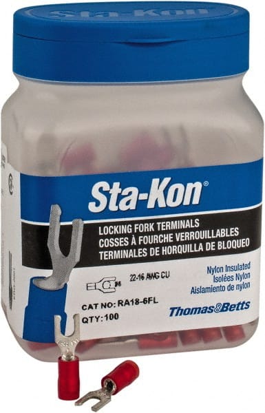 Thomas & Betts - #6 Stud, 22 to 16 AWG Compatible, Partially Insulated, Crimp Connection, Locking Fork Terminal - Makers Industrial Supply