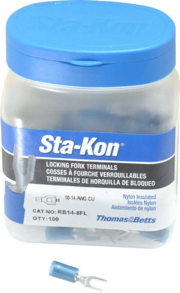 Thomas & Betts - #8 Stud, 18 to 14 AWG Compatible, Partially Insulated, Crimp Connection, Locking Fork Terminal - Makers Industrial Supply