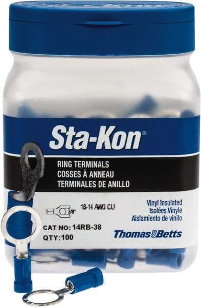 Thomas & Betts - 18-14 AWG Partially Insulated Crimp Connection D Shaped Ring Terminal - 3/8" Stud, 1.16" OAL x 0.54" Wide, Tin Plated Copper Contact - Makers Industrial Supply