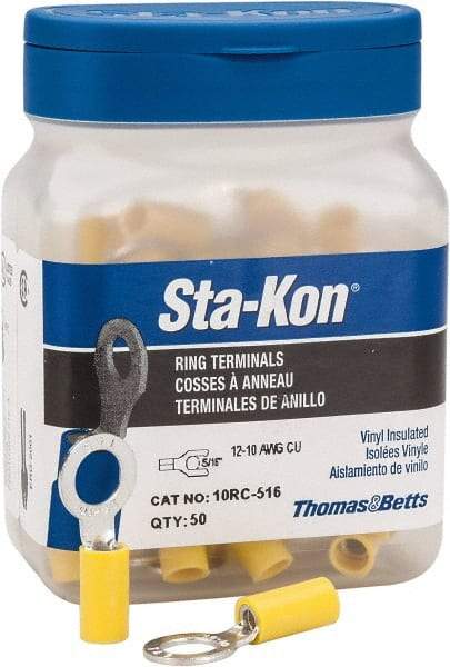 Thomas & Betts - 12-10 AWG Partially Insulated Crimp Connection D Shaped Ring Terminal - 5/16" Stud, 1.17" OAL x 1/2" Wide, Tin Plated Copper Contact - Makers Industrial Supply