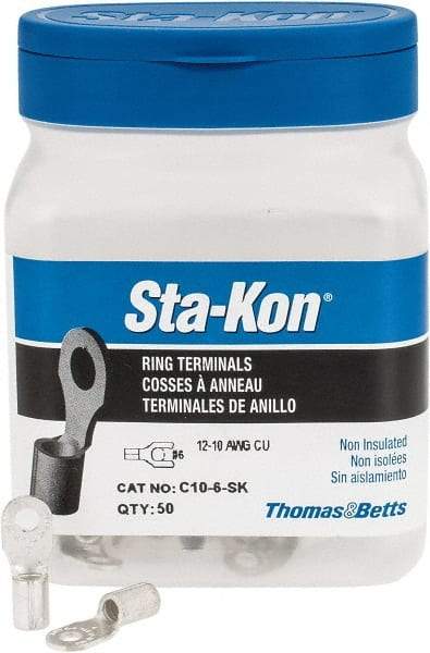 Thomas & Betts - 12-10 AWG Noninsulated Crimp Connection D Shaped Ring Terminal - #6 Stud, 0.82" OAL x 0.31" Wide, Tin Plated Copper Contact - Makers Industrial Supply